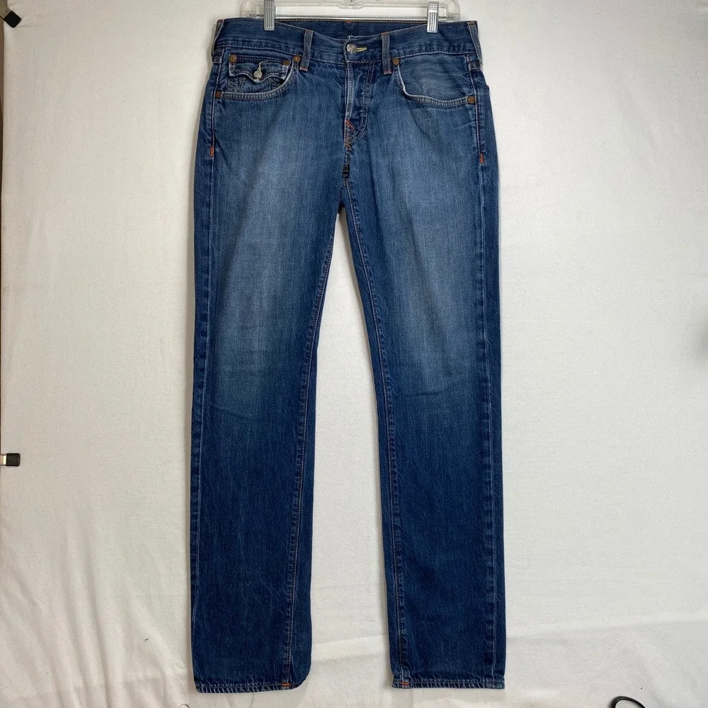 Y2K True Religion Section Slim Jeans Mens 31X32 Blue Denim Horseshoe Flap